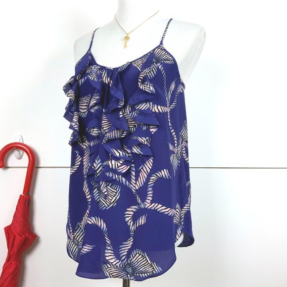 Rebecca Taylor Bow Print Ruffle Silk Tank Top  Sz 4 - Picture 4 of 16